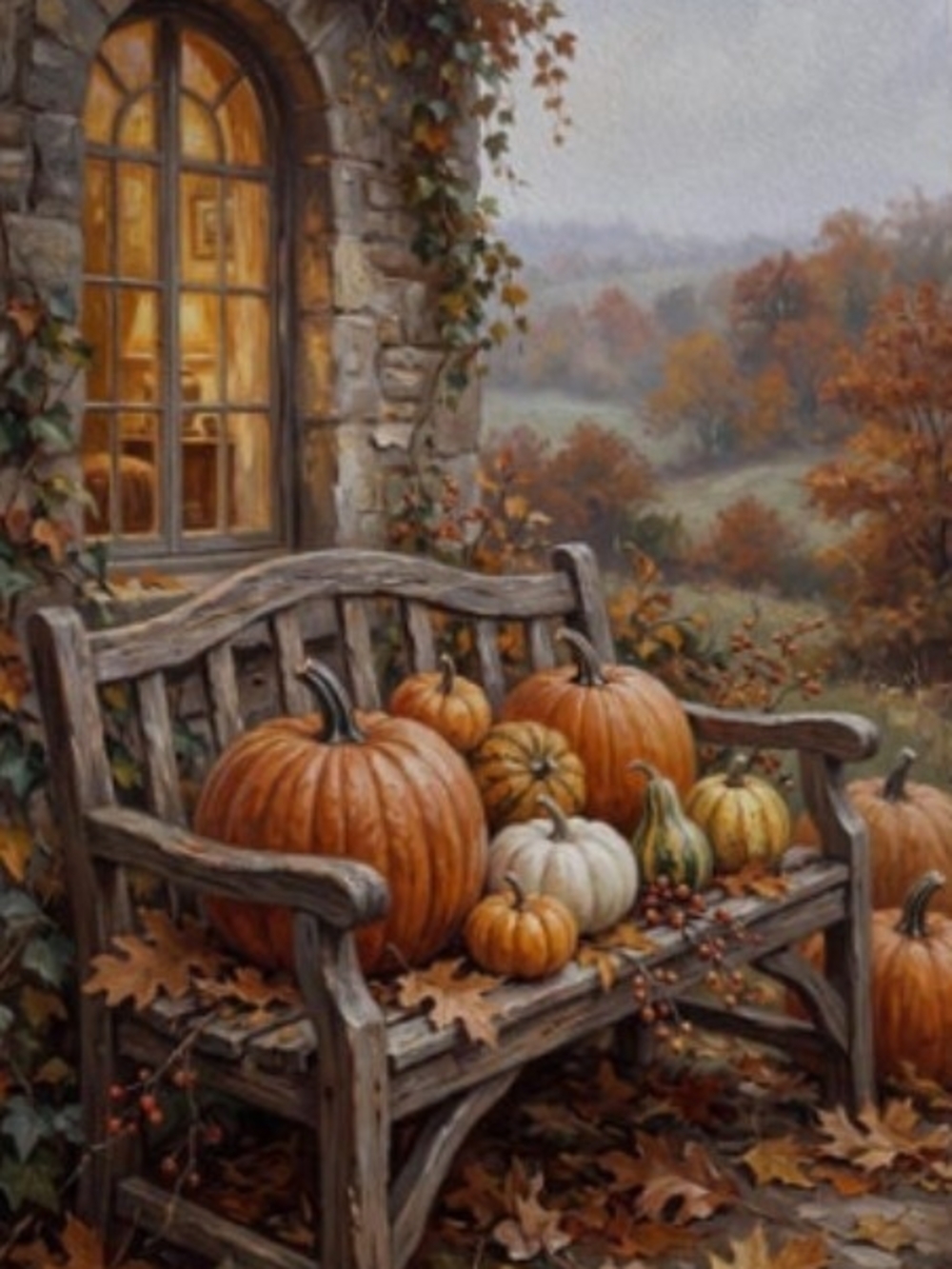 Autumn Pumpkin Bench Canvas Art Print - Rustic Orange Fall 8x10 Print